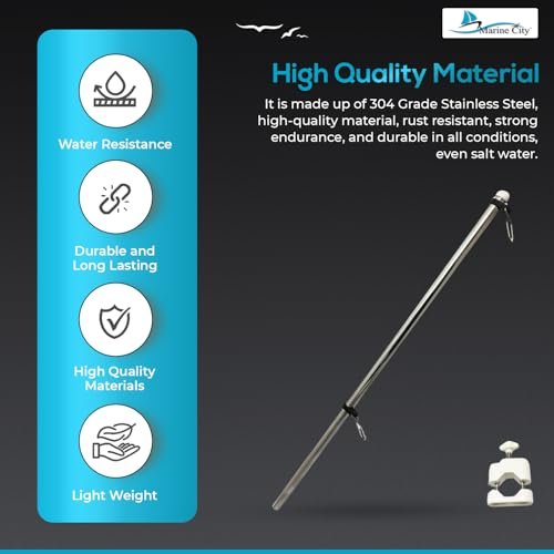 Marine City Rail Mount Flag Staff & 21" Flagpole–304 Stainless Steel, White Base Marine City