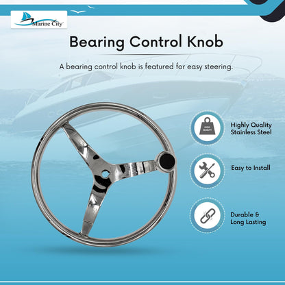 MARINE CITY 3-Spoke Steering Wheel with Knob – 13-1/2” 316 Stainless Steel
