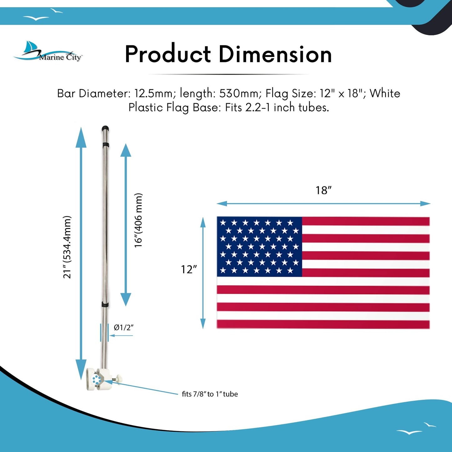 Marine City 21" Rail Mounted Flag Staff – 304 Stainless Steel, with US Flag Marine City