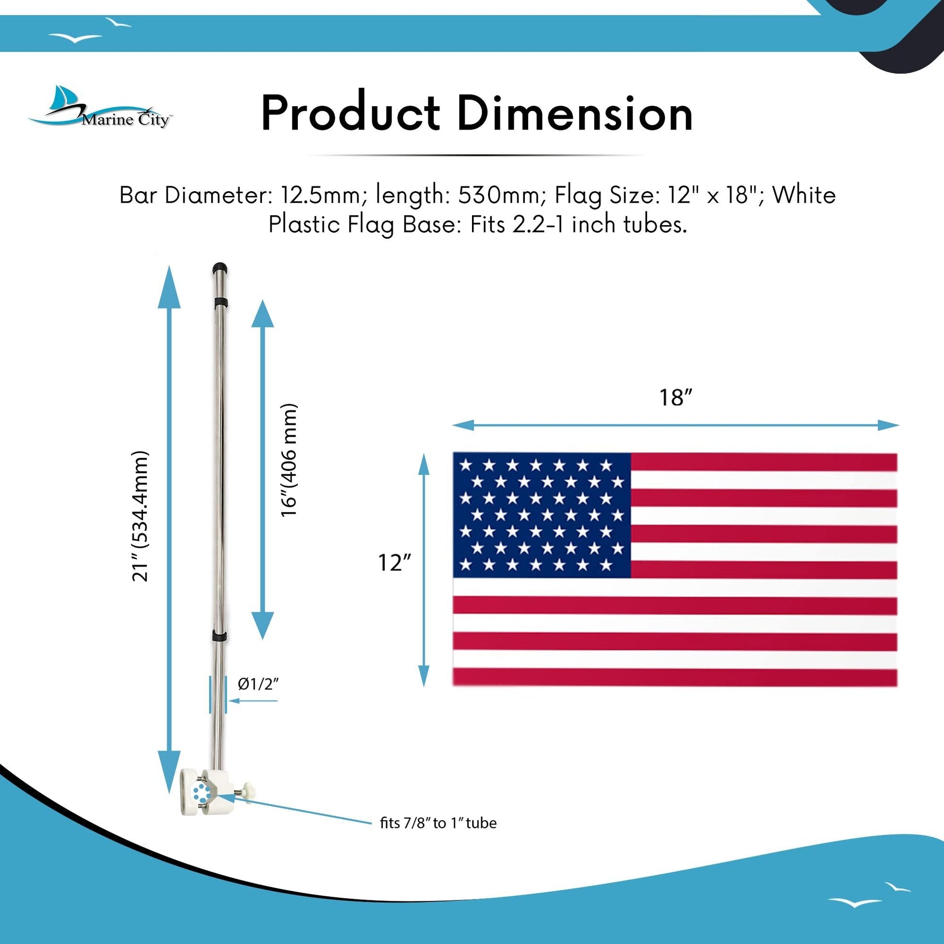 Marine City 21" Rail Mounted Flag Staff – 304 Stainless Steel, with US Flag Marine City
