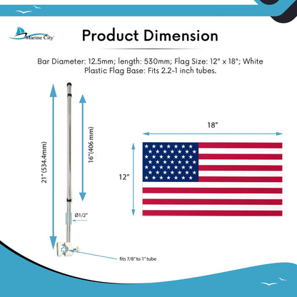 Marine City 21" Rail Mounted Flag Staff – 304 Stainless Steel, with US Flag Marine City