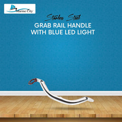 Marine City Newest Stainless Steel 9” / 12” / 16”/ 18” Grab Rail Handle with Blue 1/2 / 3 LED Lights (9” 1-LED-Light Grab Rail Handle)