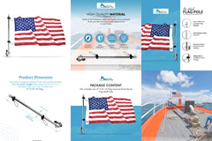 Marine City Boat Stainless-Steel Adjustable Clamps Rail Mount Flag Staff Pole and 12 inches X 18 inches US Flag