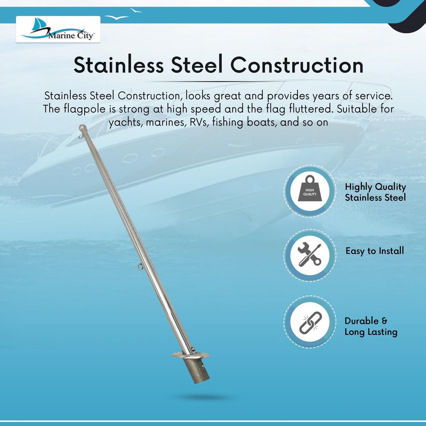 MARINE CITY Flag Stanchion Pole & Base Kit – 24-Inch Adjustable Stainless Steel