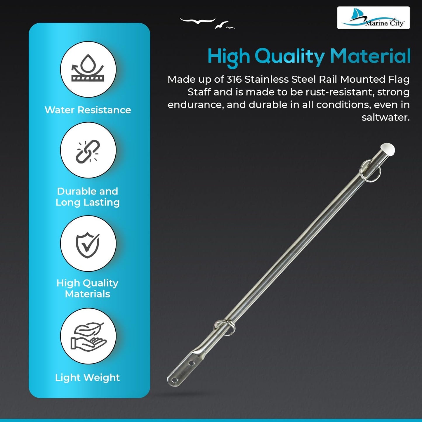 Marine City Stainless Steel Flag Pole with 12x18" US Flag–Fits 7/8" to 1" Tubing