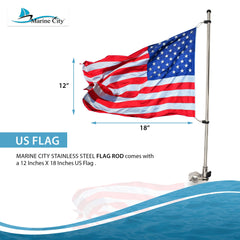 Marine City Asta de bandera montada en riel de acero inoxidable de 21 pulgadas y base de asta de bandera de acero inoxidable y bandera de EE. UU. de 12 pulgadas x 18 pulgadas para yate (1 juego)