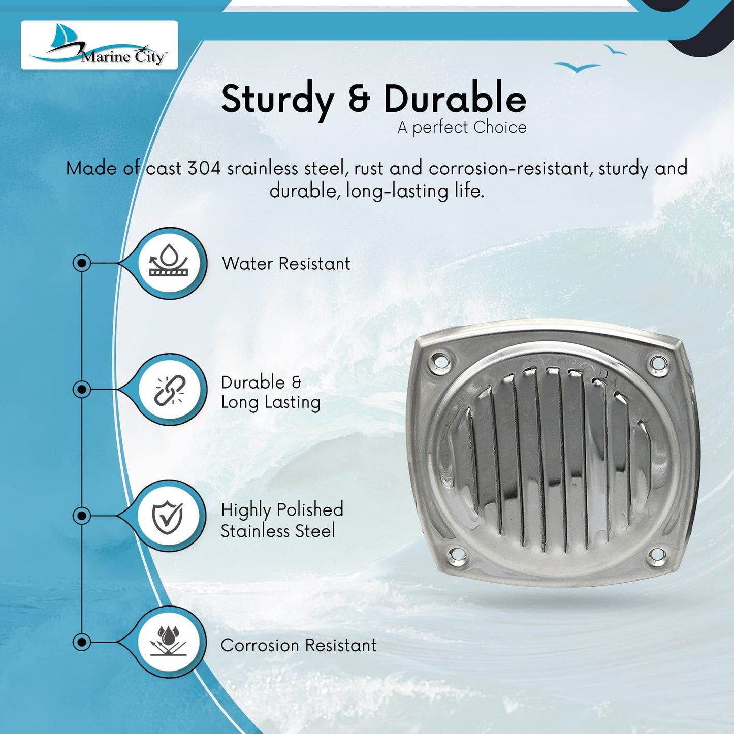 Marine City 5" Thru Louvered Vent, 304 Stainless Steel, Rust-Resistant, Polished Marine City
