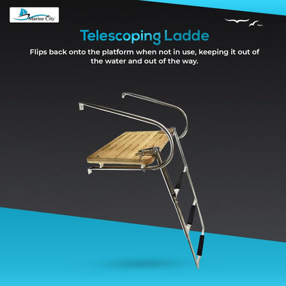 Marine City Stainless Steel Telescoping 3-Step O/B Swim Teak Platform Ladder Marine City Hardware