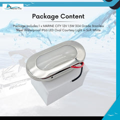 MARINE CITY 12V 1.5W 304 Grade Stainless Steel Waterproof IP66 LED Oval Courtesy Light in Soft White
