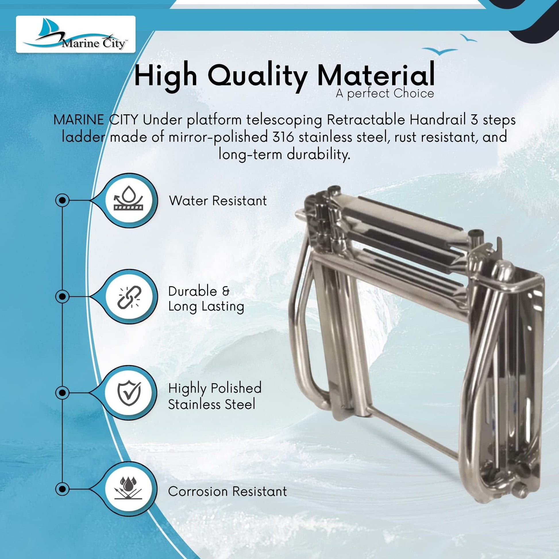Marine City 3-Step Telescoping Stainless Steel Ladder with Retractable Handrail Marine City