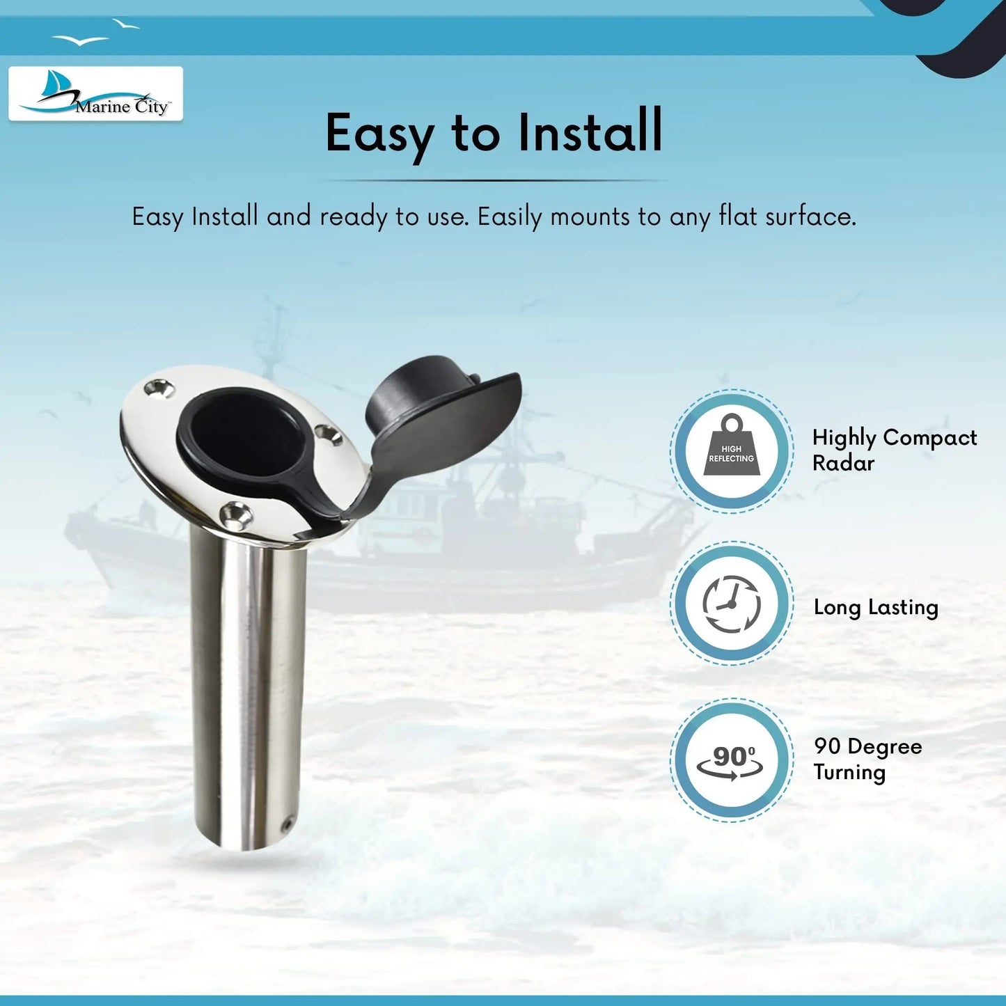 MARINE CITY Flush Mount Fishing Rod Holder – Stainless Steel, 90° Flange Marine City