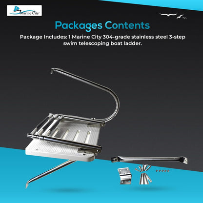 Marine City 304 Stainless Steel 3-Step O/B Swim Platform Telescoping Boat Ladder Marine City