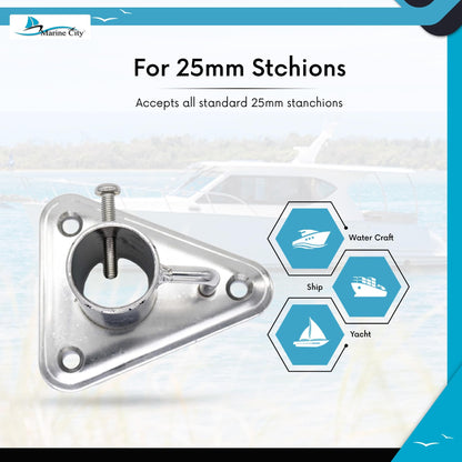 Marine City Toma de puntal de acero inoxidable 304 de 90° con base triangular y contrafuerte para tubo de Ø 1"(25 mm) para pesca en yate en barco marino