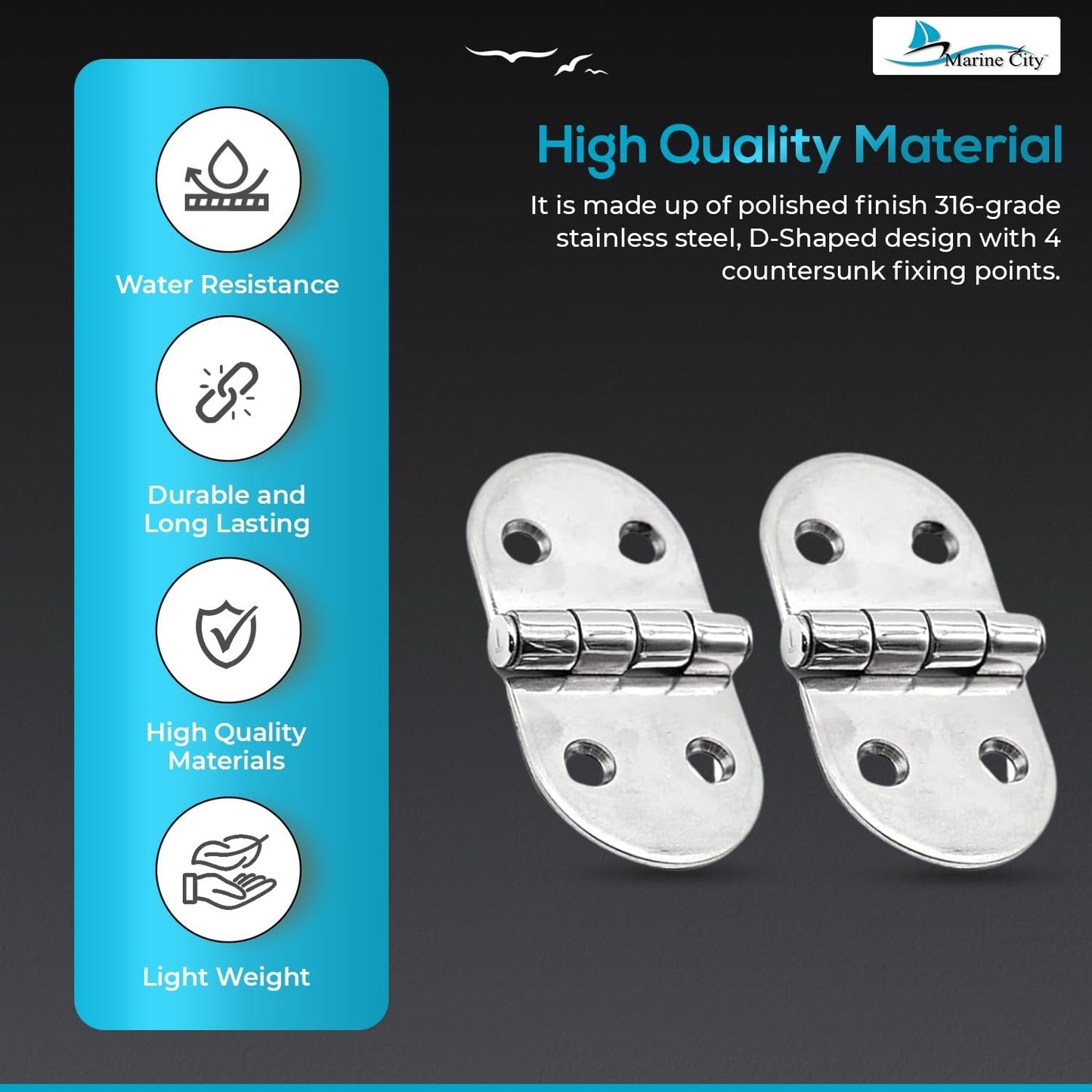 Marine City 316 Stainless Steel D-Shaped Covered Strap Hinge (Pack of 2) MARINE CITY
