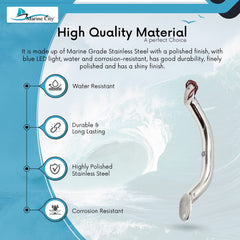 Marine City Newest Stainless Steel 9” / 12” / 16”/ 18” Grab Rail Handle with Blue 1/2 / 3 LED Lights (9” 1-LED-Light Grab Rail Handle)