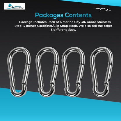 Marine City Carabiner Clip Snap Hook – 316 Stainless Steel, 4 Inches, Durable