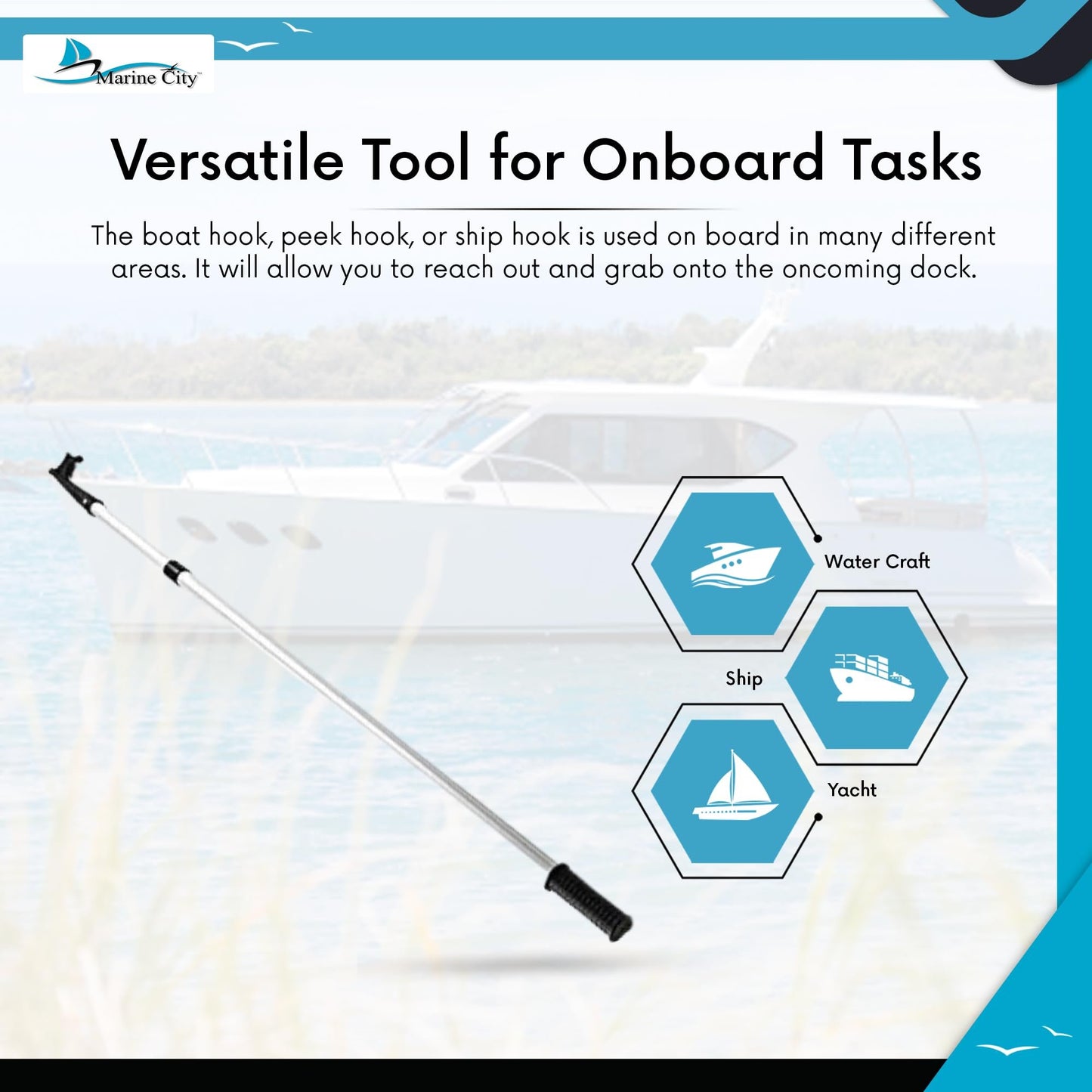 Marine City 2-Step Telescoping Boat Hook – Anodized Aluminum, Adjustable