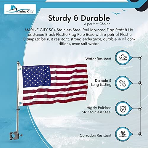 Marine City Rail Mount Flag Staff & 21" Flagpole–304 Stainless Steel, Black Base Marine City