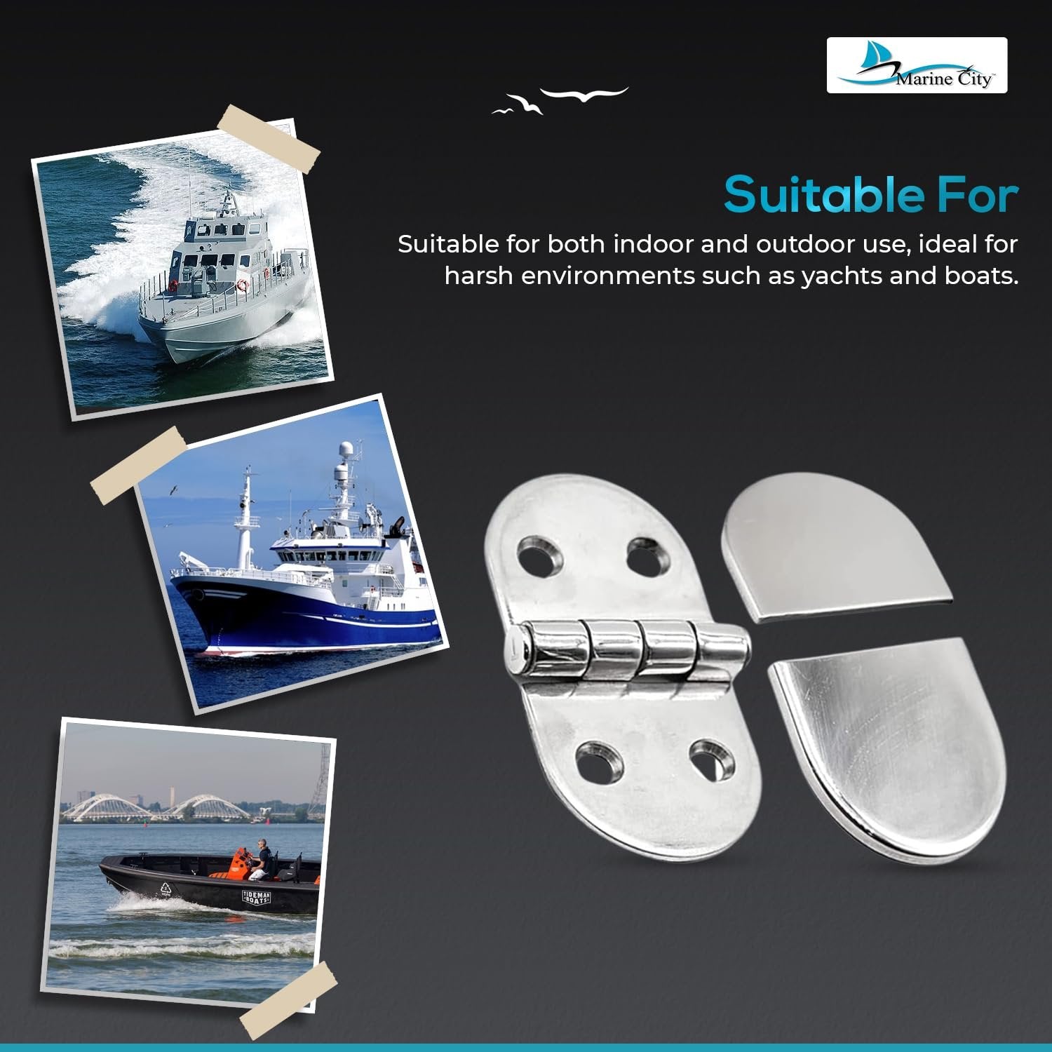 Marine City 316 Stainless Steel D-Shaped Covered Strap Hinge (Pack of 2) MARINE CITY