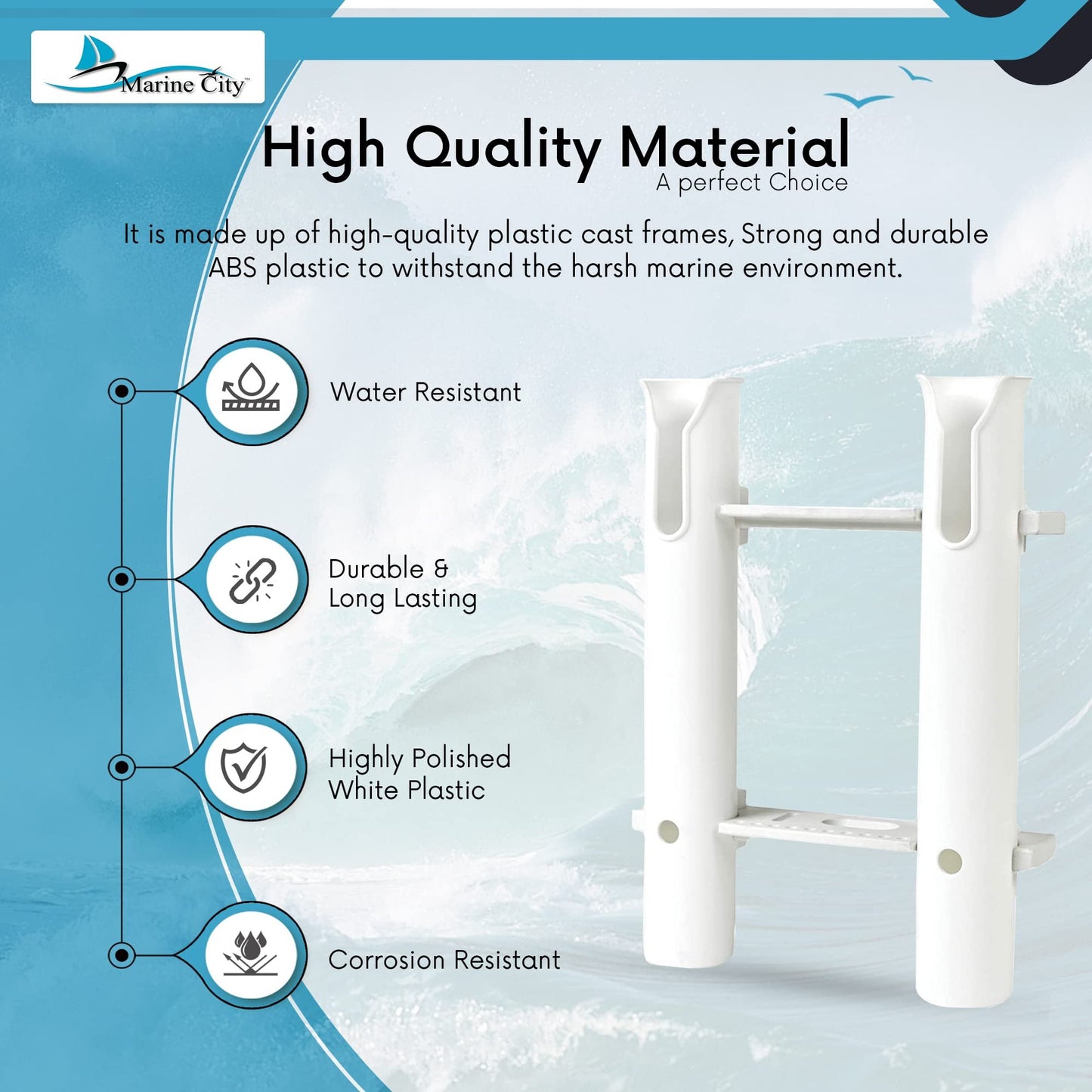Marine City White Plastic Flush Mount Fishing Rod Holder Rack – 3 Link, 12” Tube