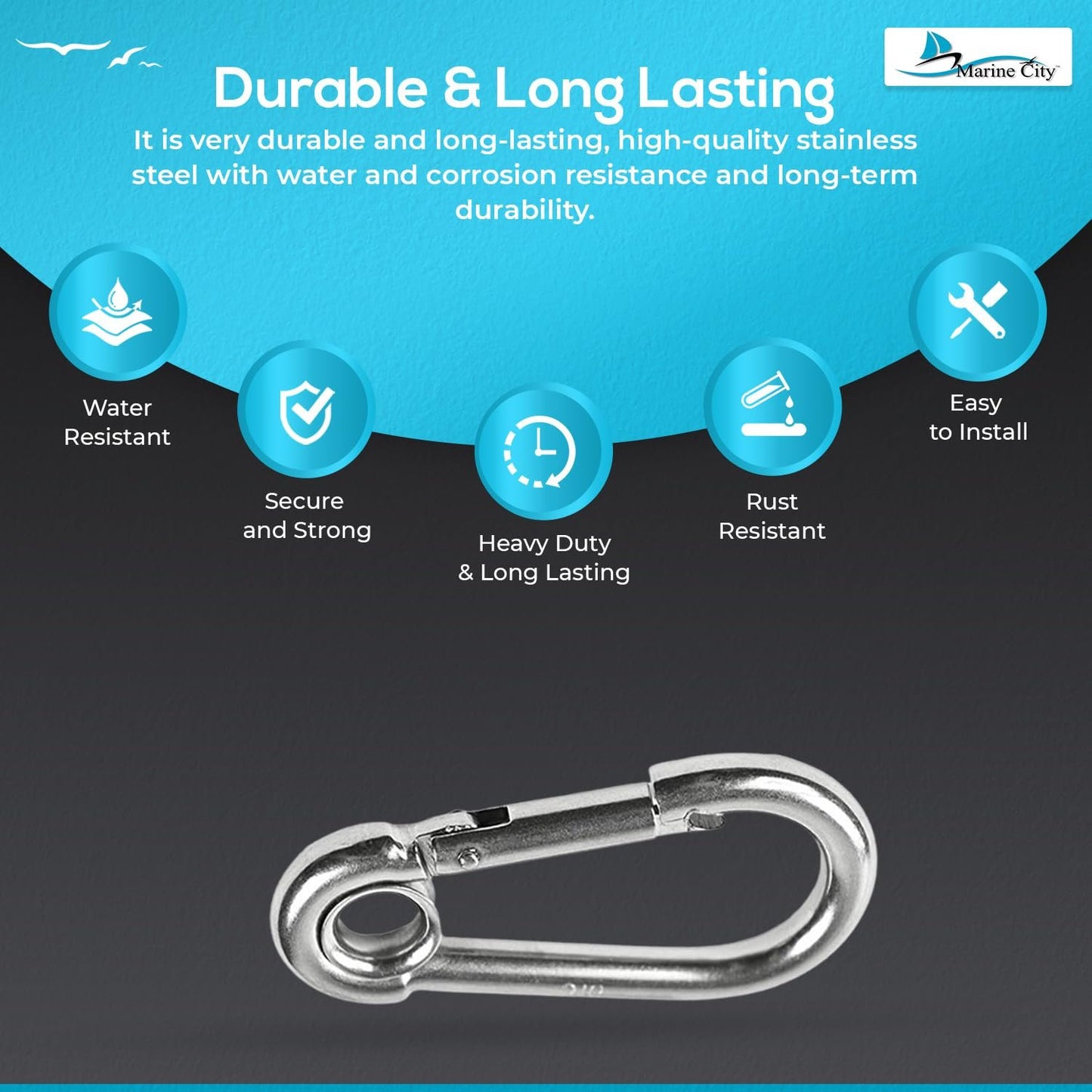 Marine City Stainless Steel Carabiner Clip Snap Hook with Ring 3-1/2” (2 Pcs)