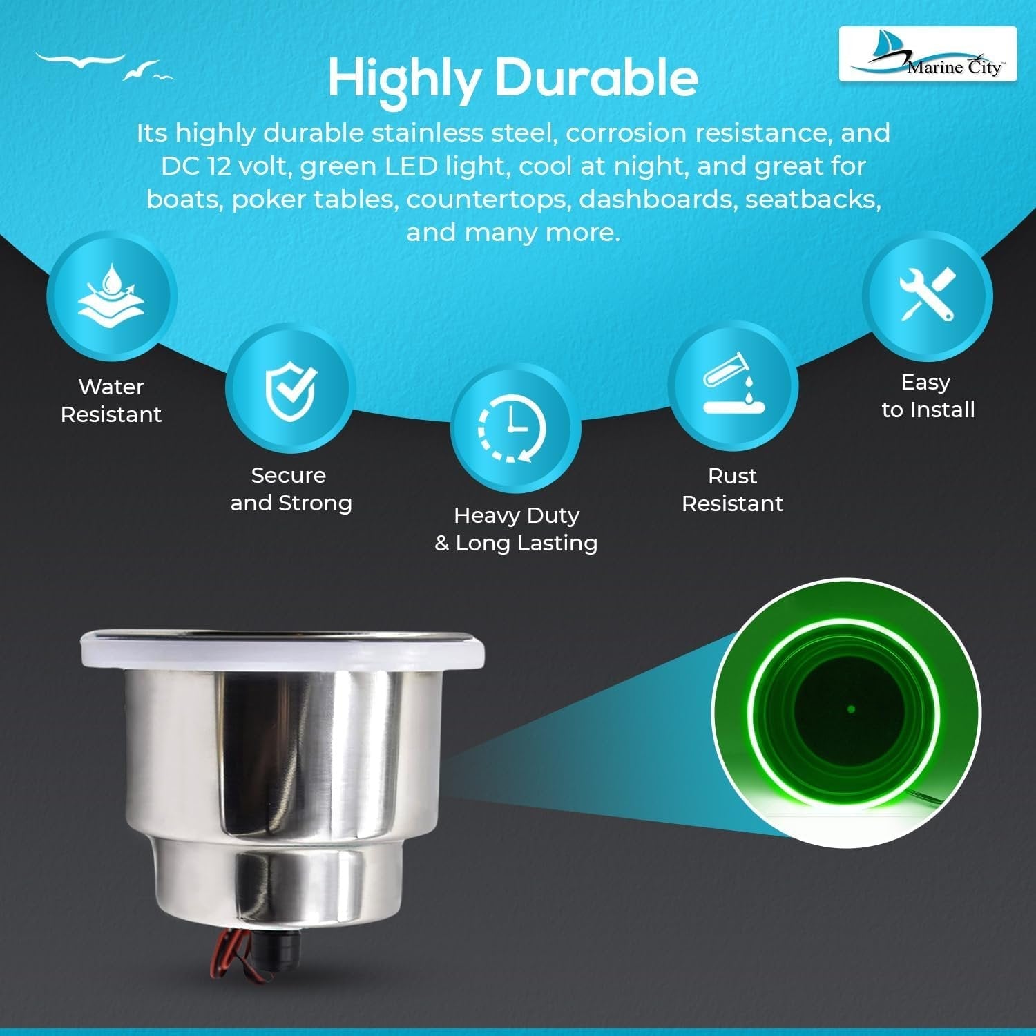 Marine City Stainless Steel Green LED Cup Holder with Drain Corrosion-Resistant Marine City