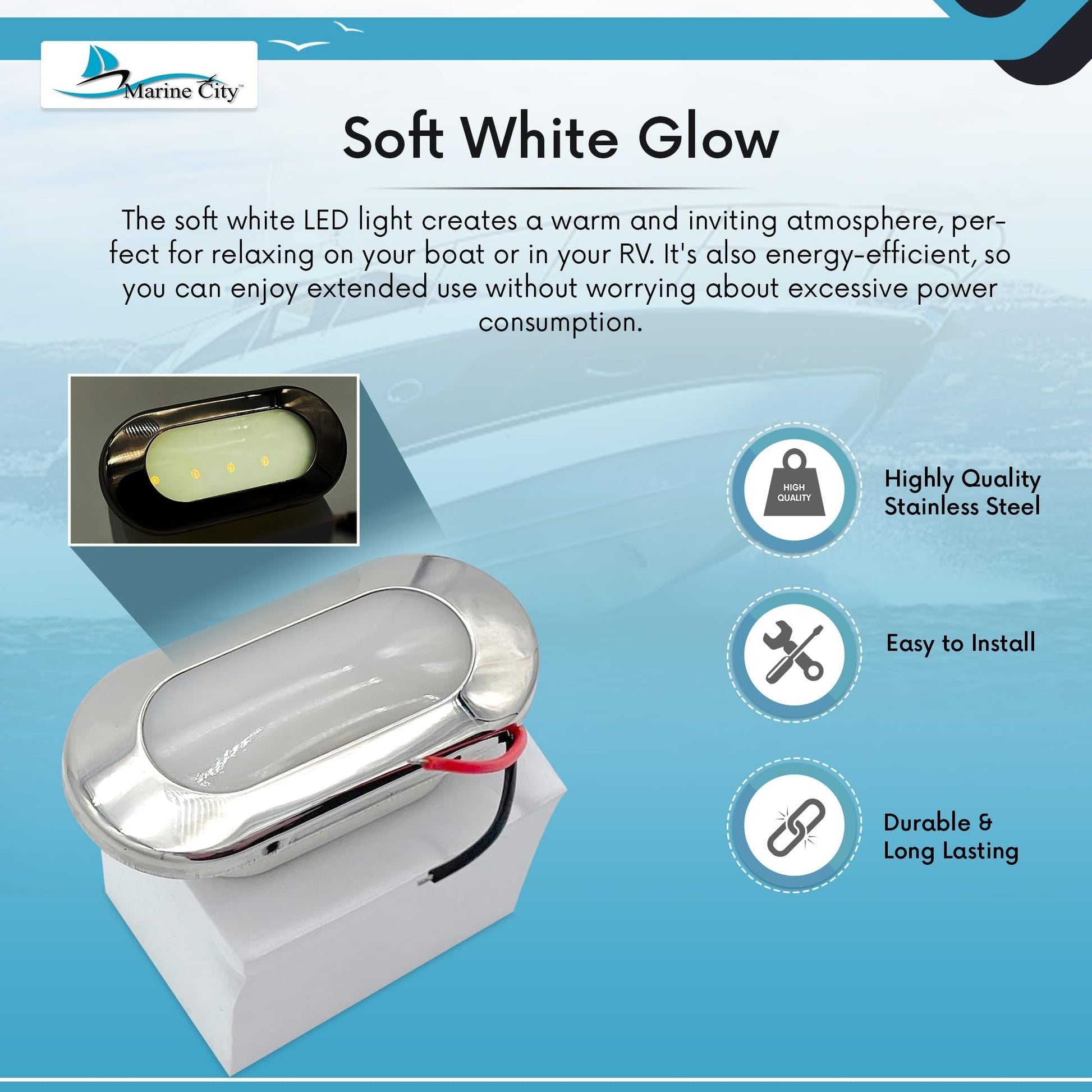 MARINE CITY IP66 LED Oval Courtesy Light – 24V 1.5W, Stainless Steel, Waterproof MARINE CITY