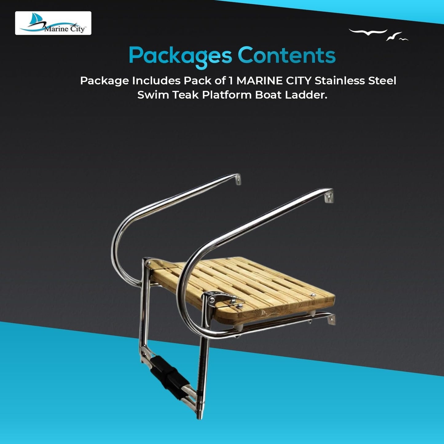 Marine City Stainless Steel 2-Step Swim Teak Platform Telescoping Boat Ladder MARINE CITY