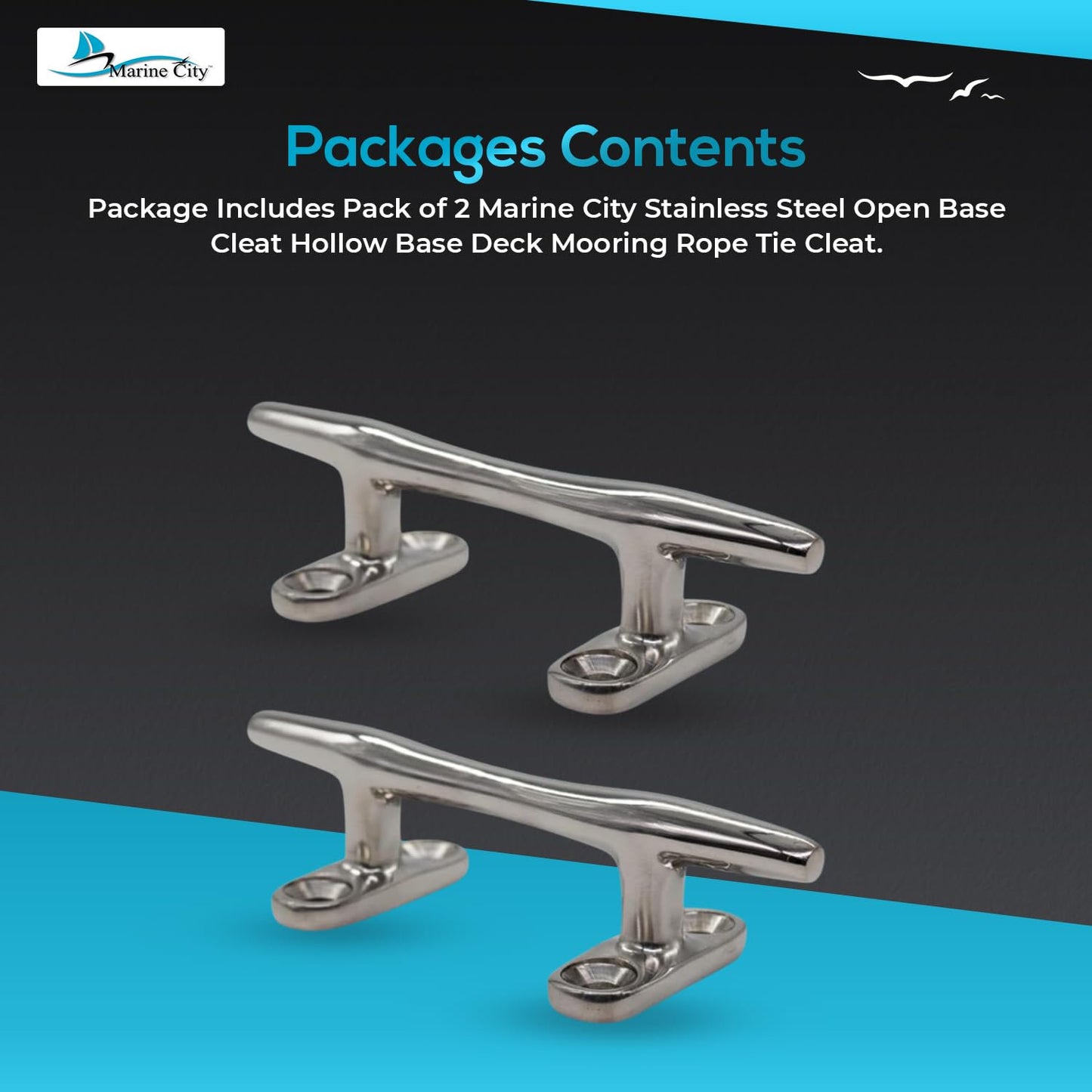 Marine City Open Base Cleat – 316 Stainless Steel, 4" Mooring Cleat (Pack of 2)