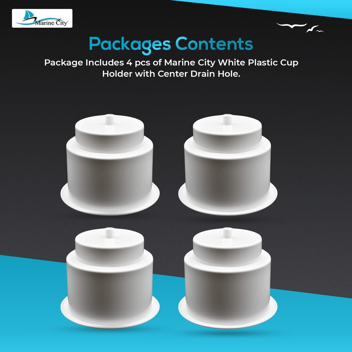 Marine City ABS White Plastic Cup Holder with Center Drain – Flush Mount Holder Marine City