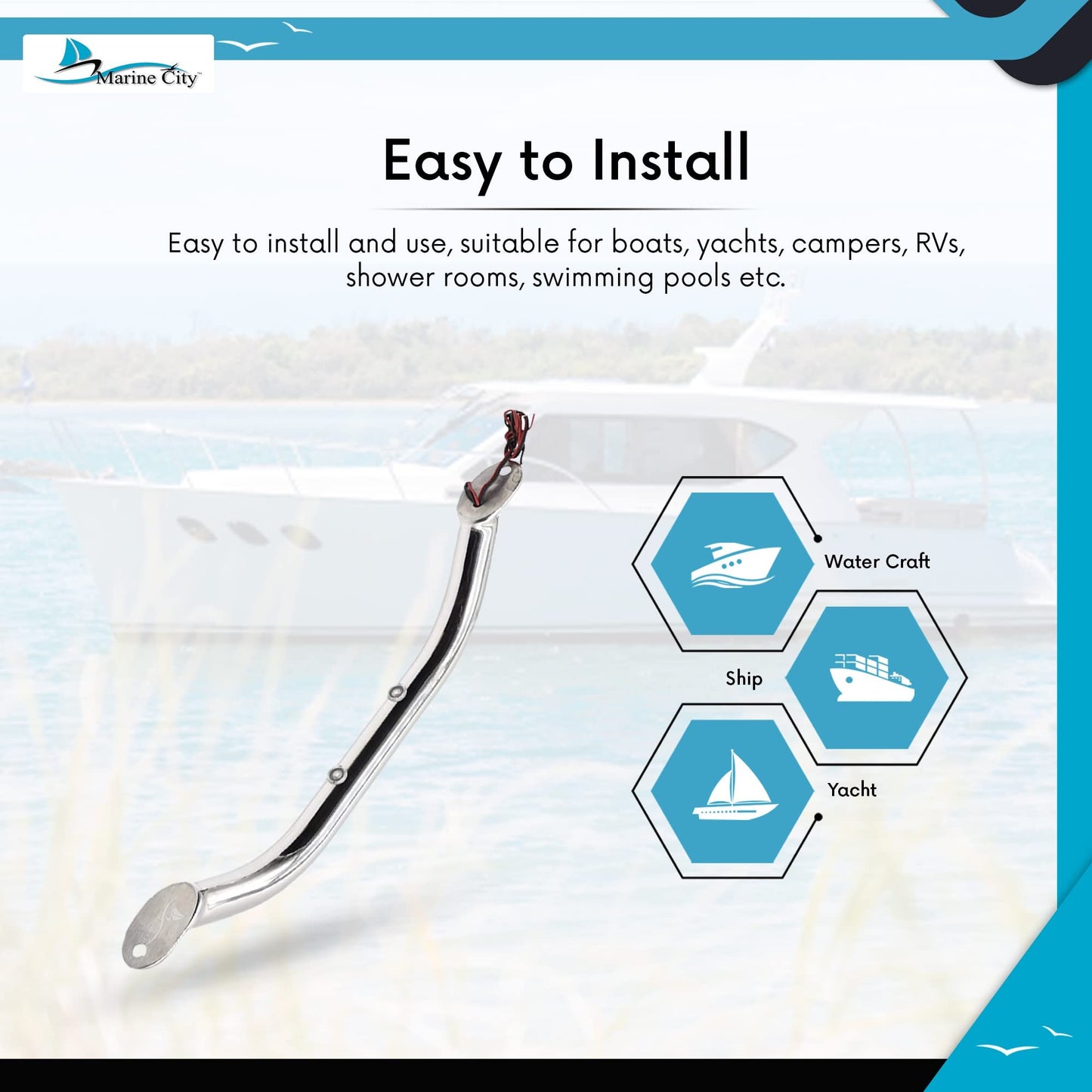 Marine City 12-Inch Grab Rail Handle with 2 Blue LED Lights–304 Stainless Steel