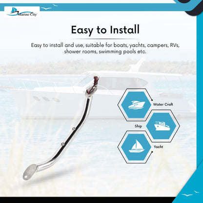 Marine City 12-Inch Grab Rail Handle with 2 Blue LED Lights–304 Stainless Steel