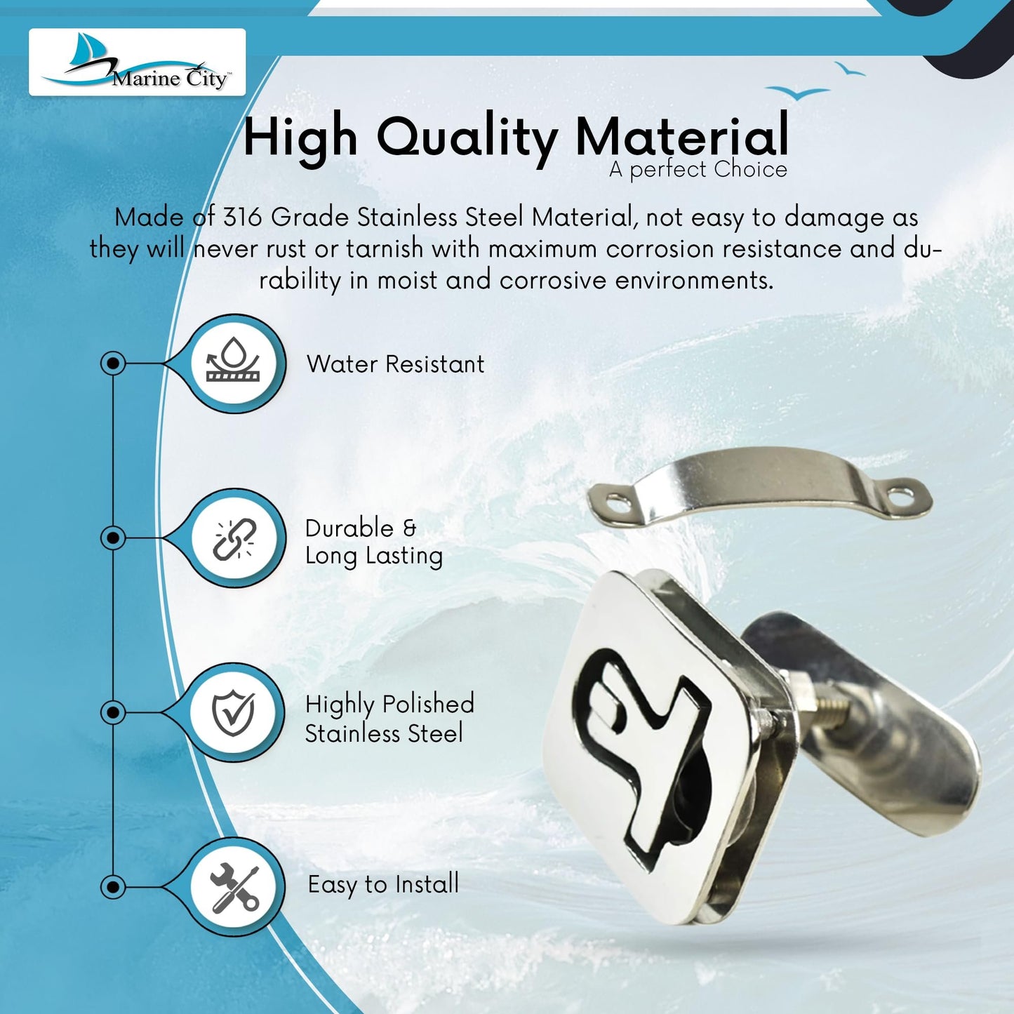 Marine City 316 Stainless Steel Boat Cam Latch – Marine Grade T-Handle, 3x2-1/2”
