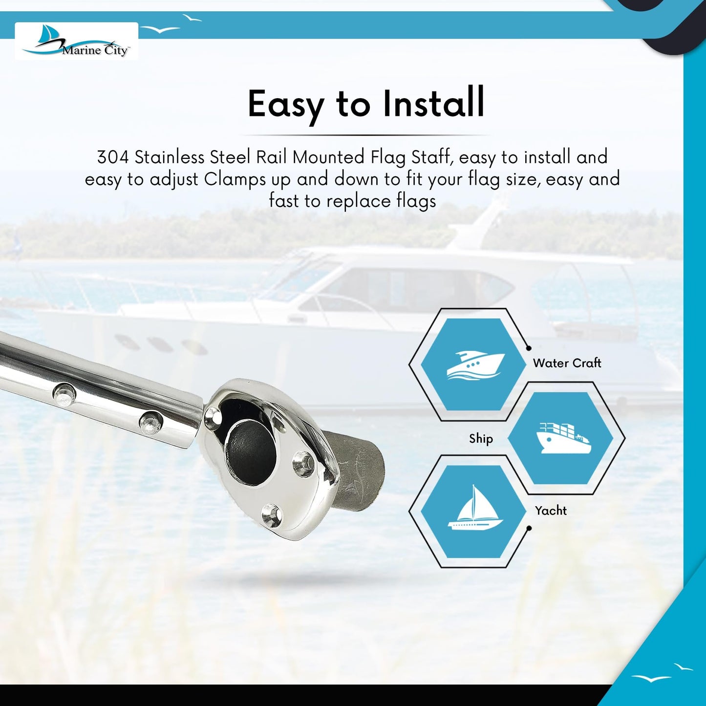 MARINE CITY Flag Stanchion Pole & Base Kit – 24-Inch Adjustable Stainless Steel