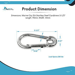 Marine City 316 Stainless-Steel 3-1/2” Carabiners/Clip Snap Hook with Ring for Sailing, Fishing, Hiking