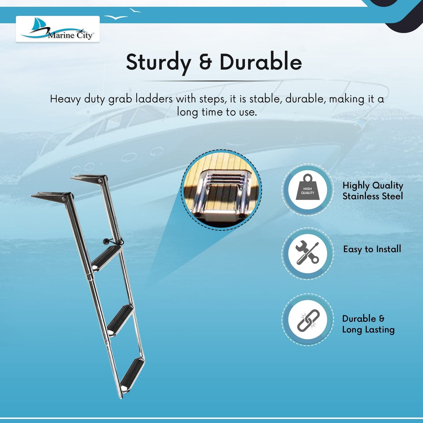 MARINE CITY 3-Step Telescoping Swim Ladder with Slide Gudgeon – Stainless Steel Marine City