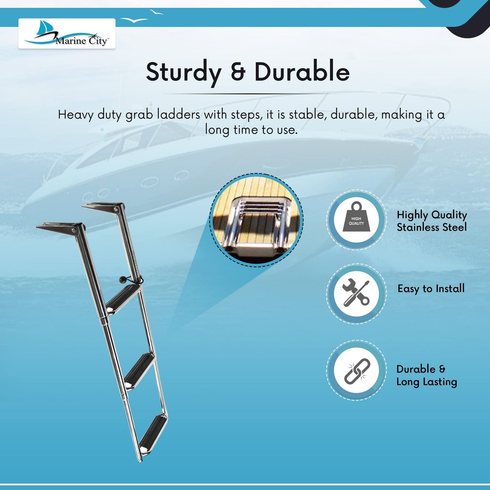 MARINE CITY 3-Step Telescoping Swim Ladder with Slide Gudgeon – Stainless Steel Marine City