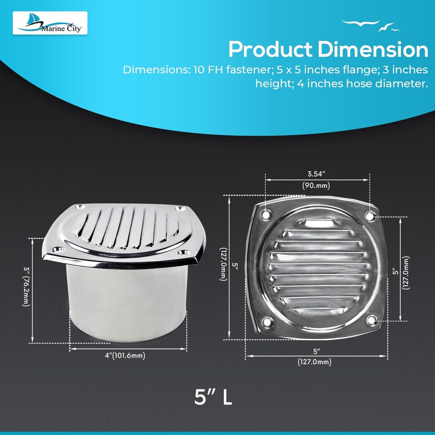 Marine City 304 Stainless Steel Hose Vent, 4” Diameter, Polished Louvered Design