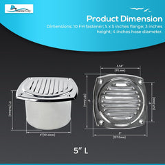 Marine City 304 Stainless Steel Hose Vent, 4” Diameter, Polished Louvered Design