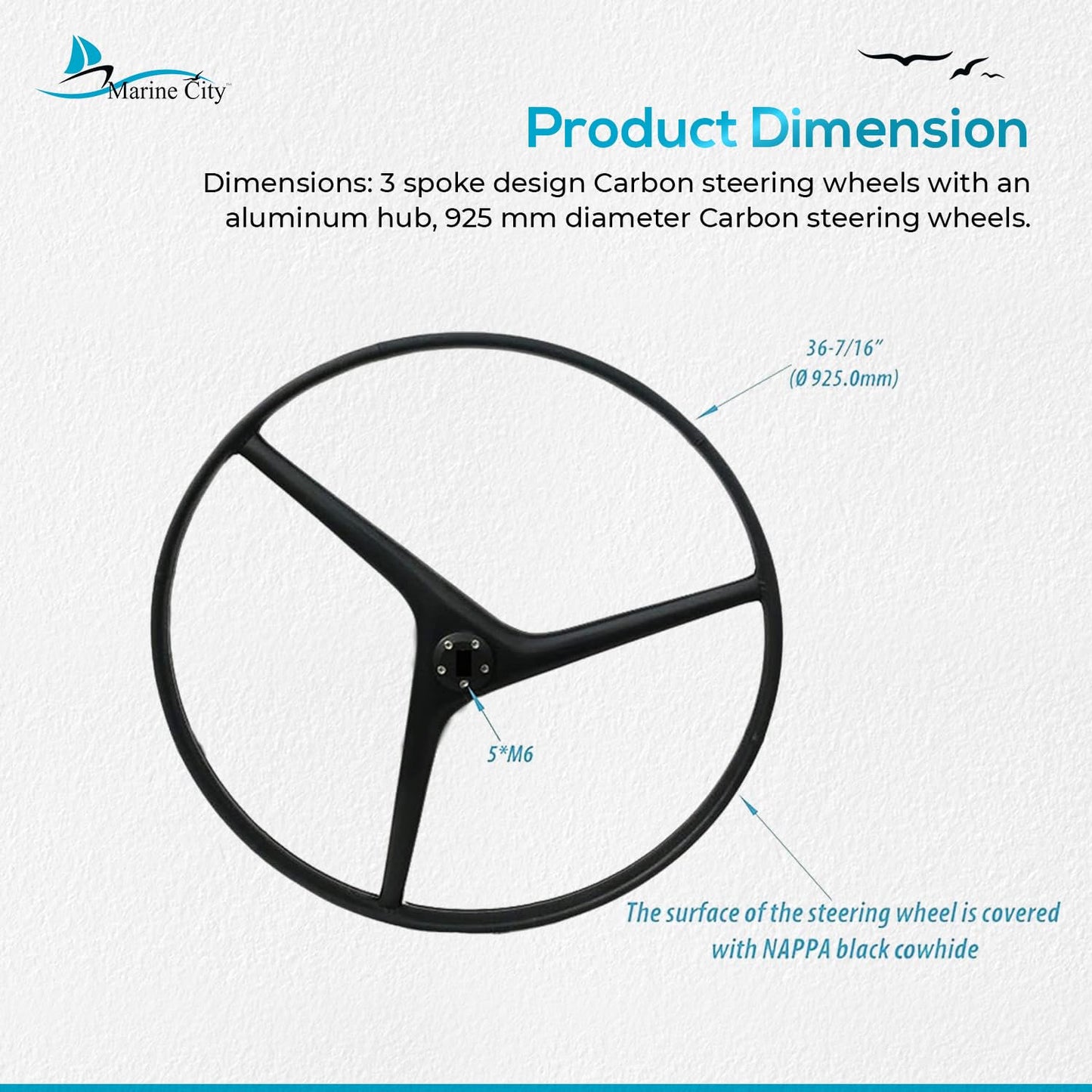 Marine City 925mm Carbon Fiber Steering Wheel, Wavy 3-Spoke Design, Leather Grip