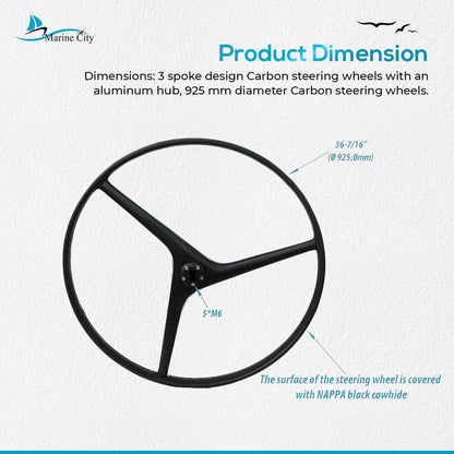 Marine City 925mm Carbon Fiber Steering Wheel, Wavy 3-Spoke Design, Leather Grip