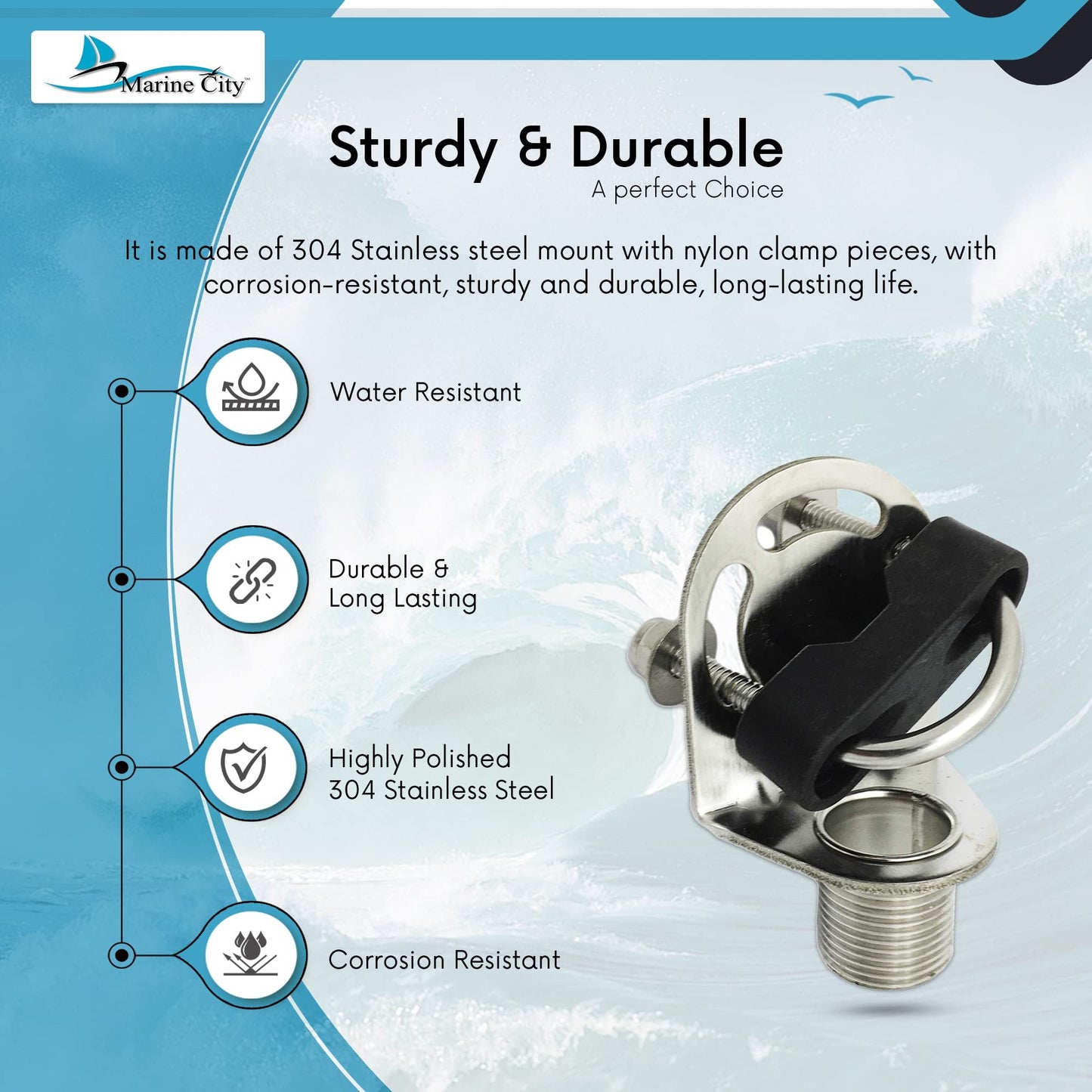 Marine City Rail Mount Antenna Bracket – 304 Stainless Steel with Nylon Clamp