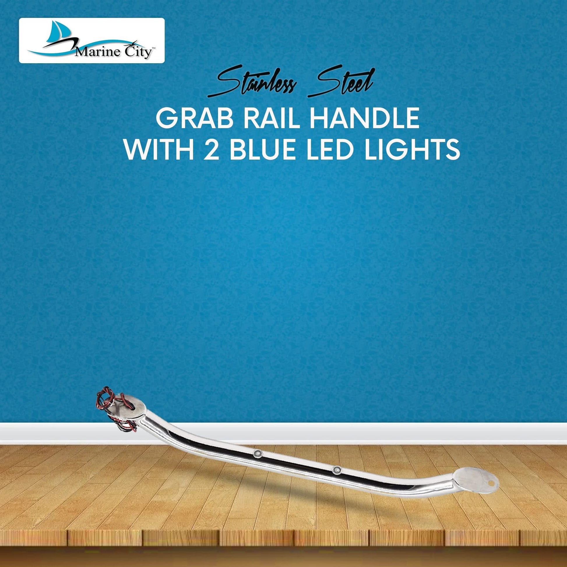 Marine City 16-Inch Grab Rail Handle with 2 Blue LED Lights–304 Stainless Steel Marine City