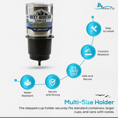 Marine City Black Closeable Plastic Cup Holder with Drain – Flush Mount Design
