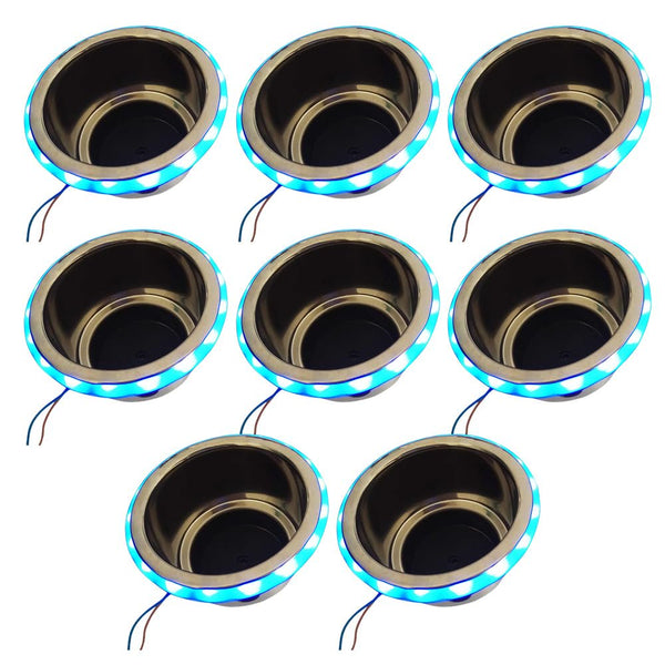 Marine City Stainless Steel Blue LED Ring Cup Holder with Center Drain (8 Pcs)