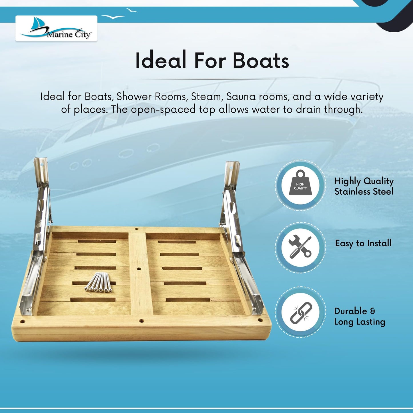 Marine City Banco plegable de teca para montaje en pared con ranuras para barco, cuarto de ducha, vapor, sala de sauna (18 pulgadas x 13 pulgadas)