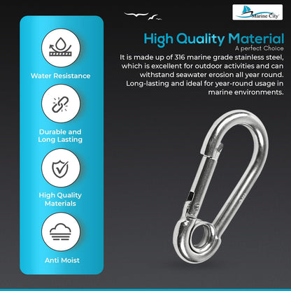 Marine City Carabiner Clip Snap Hook with Ring – Stainless Steel, 2-3/8" (4 Pcs)