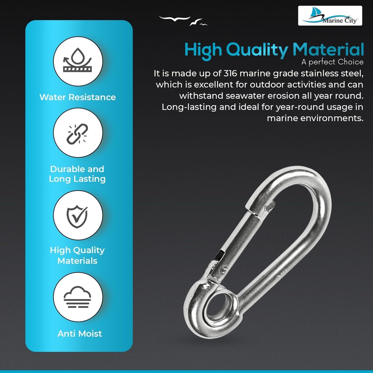 Marine City Carabiner Clip Snap Hook with Ring 2-3/4” Stainless Steel, Rustproof Marine City Hardware