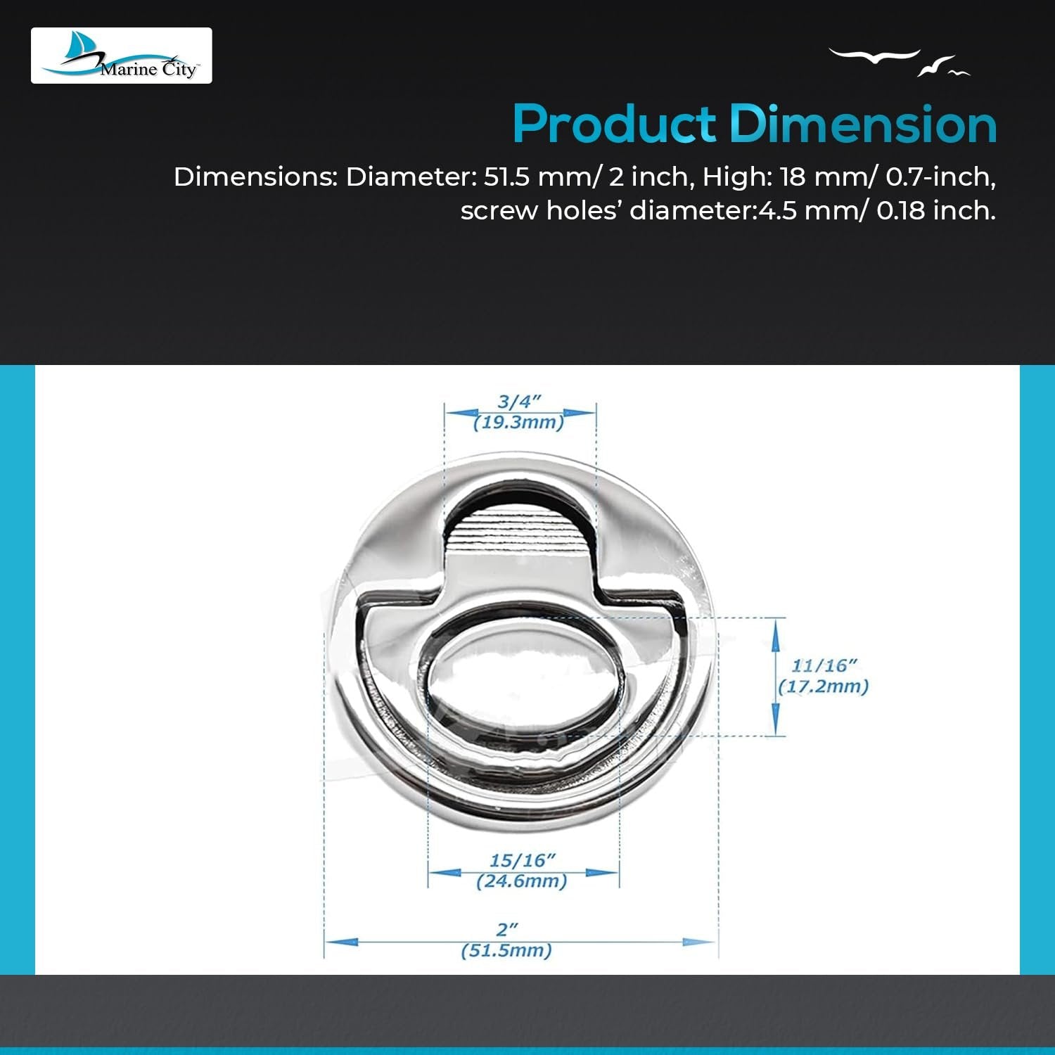 Marine City 316 Stainless Steel Round Spring-Loaded Flush Lifting Ring – 2 Inch Marine City Hardware
