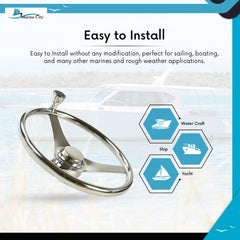 MARINE CITY 3-Spoke Steering Wheel with Knob – 13-1/2” 304 Stainless Steel
